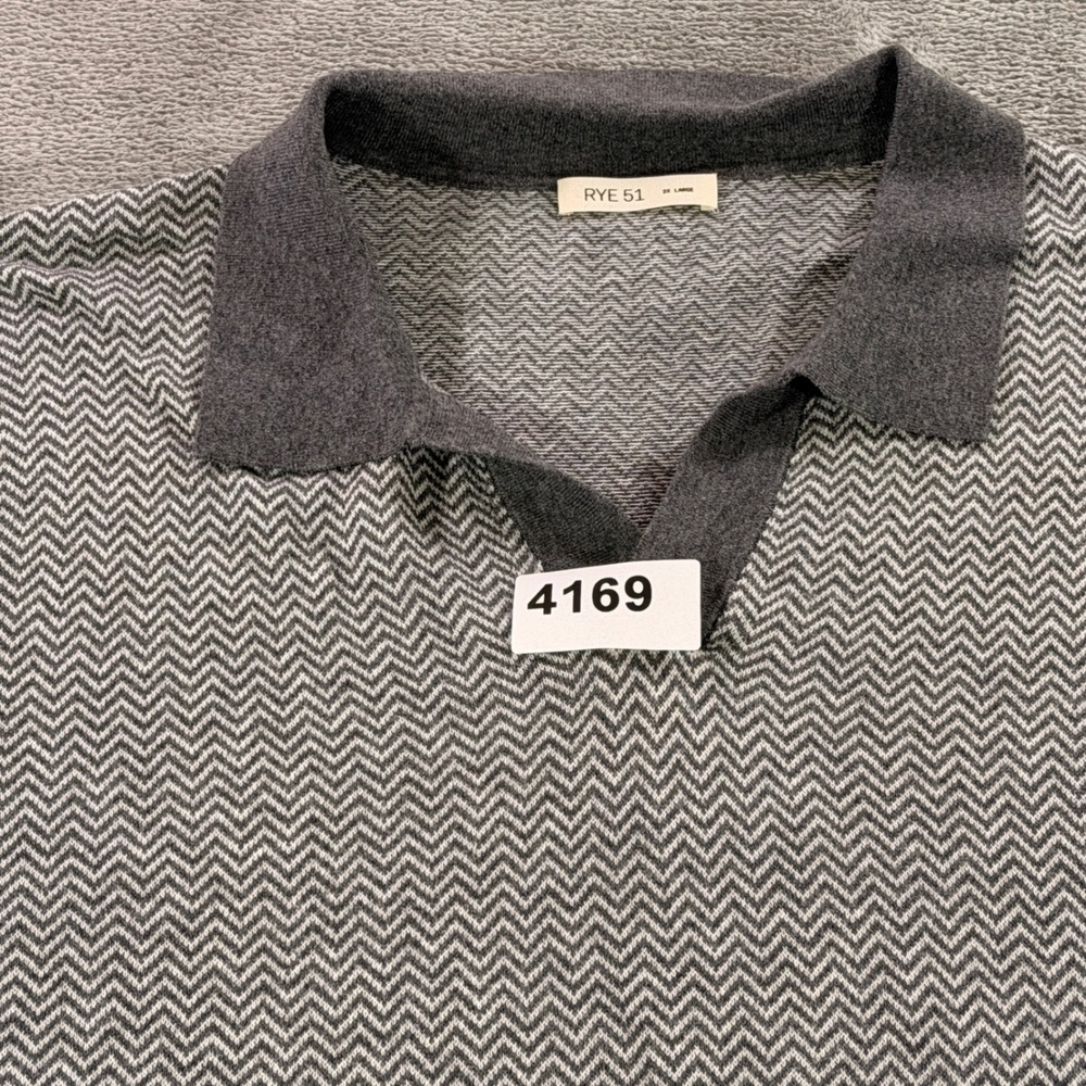 Rye 51 Polo Sweater Men XXL Nordic Grey Chevron Cotton Cashmere Short Sleeve
